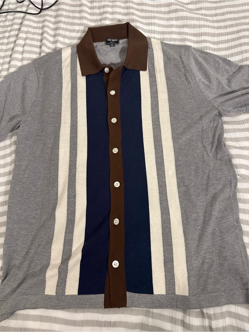 Todd Snyder Men’s  Stripe Short Sleeve Sweater Polo Size L Navy Blue White $248